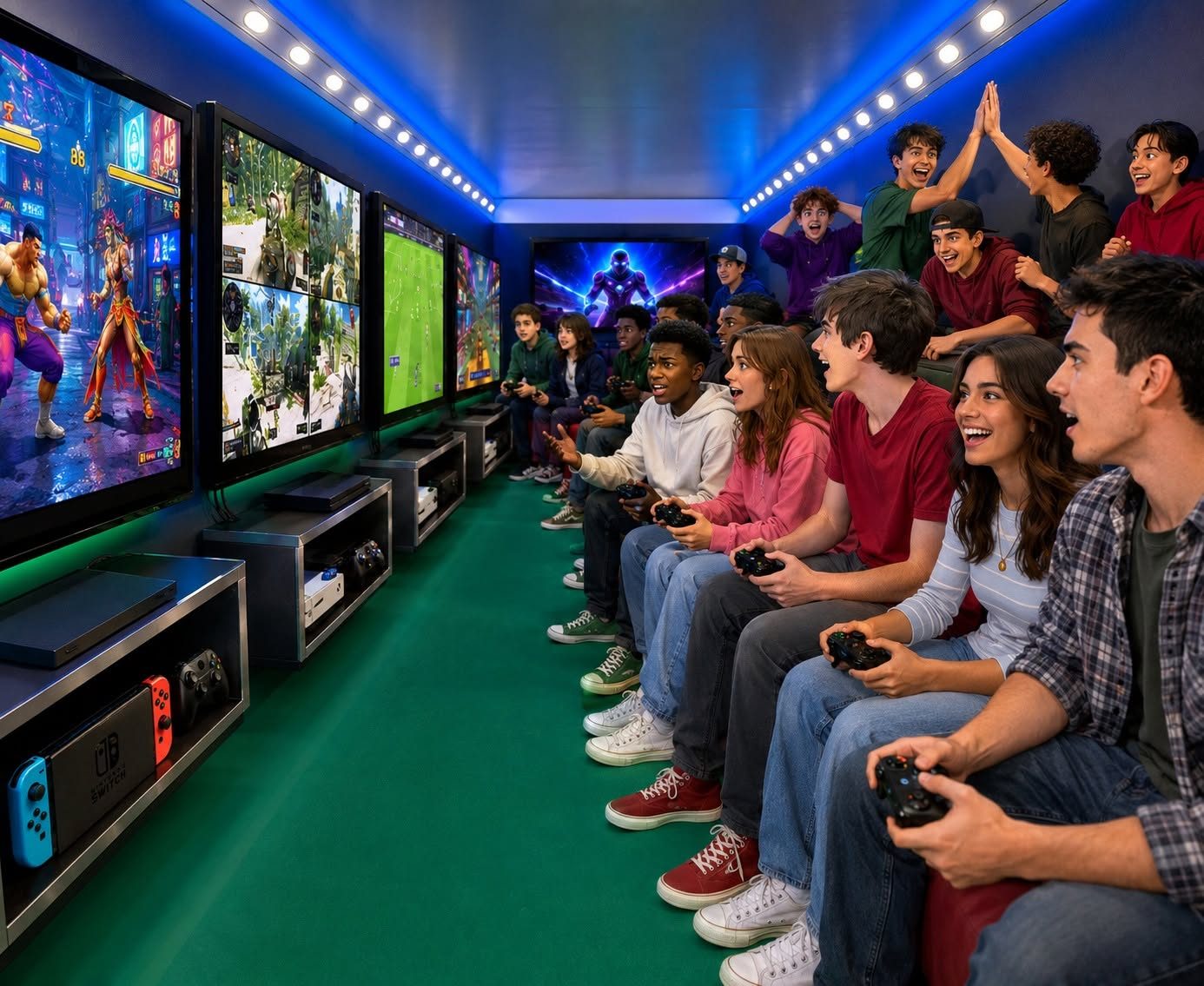 Teens playing video games on a wall of glowing screens inside the Mobile Gaming Suite trailer, controllers in hand and cheering