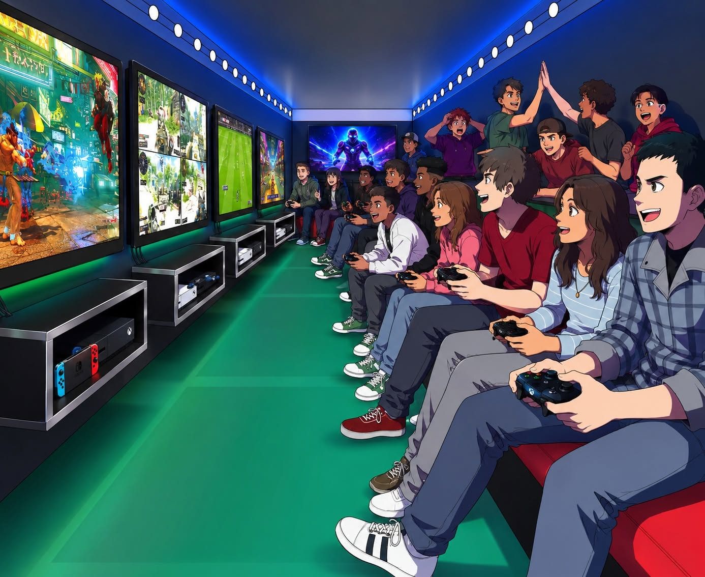 A full gaming trailer with players lined up at the screens, reacting with excitement